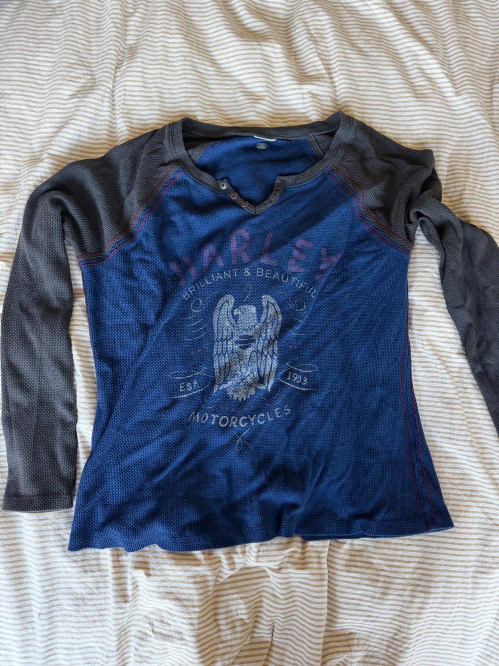 Blue and Charcoal Long-Sleeve Harley Davidson Baseball Tee Henley